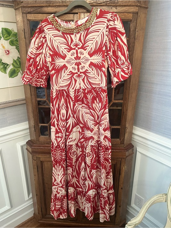 Sheridan French Dresses & Skirts - Red and Cream Floral Maxi Dress with Embellished Neckline